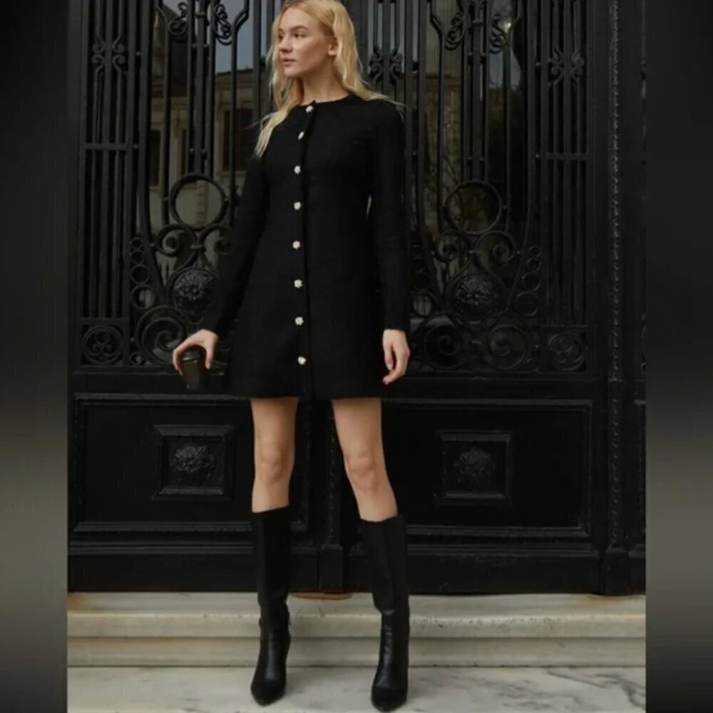NEW Tweed Pearl Button Detail Dress Black - M